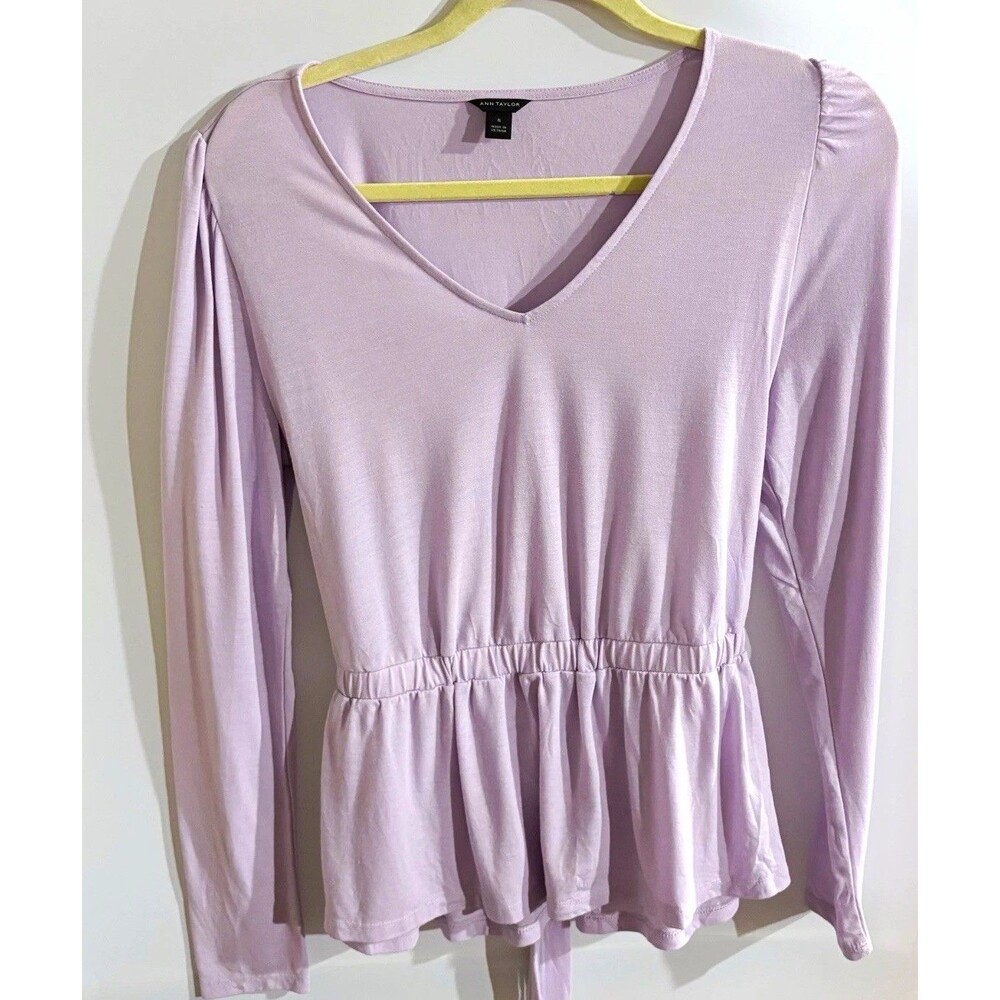 Ann Taylor Women’s Top M Purple Solid Knit V-Neck Long Sleeve Tie Waist